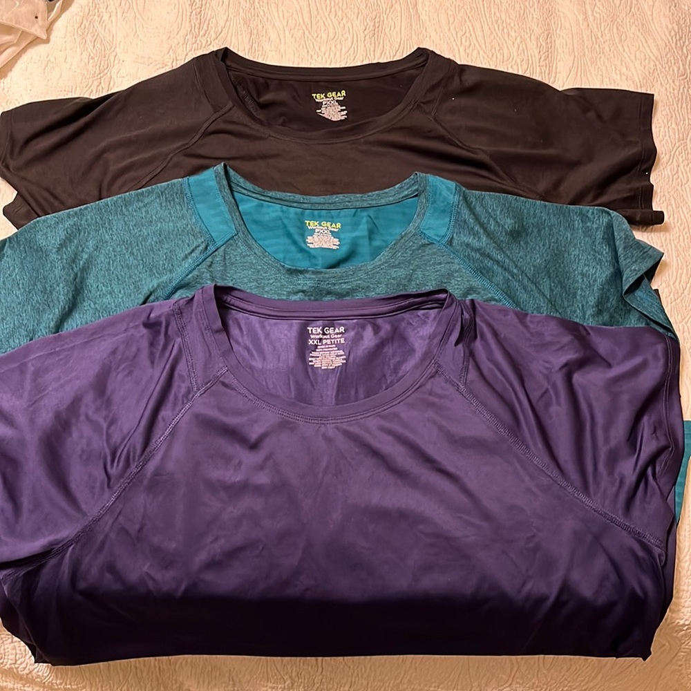 Set of three Tops Tek gear PXXL exercise workout black green purple petite